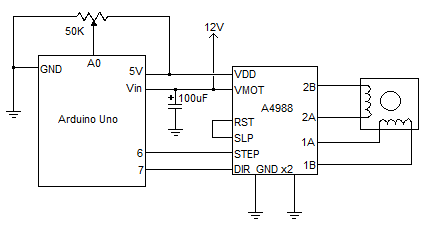 Schematic of Arduino Uno A4988 micro stepper motor test circuit