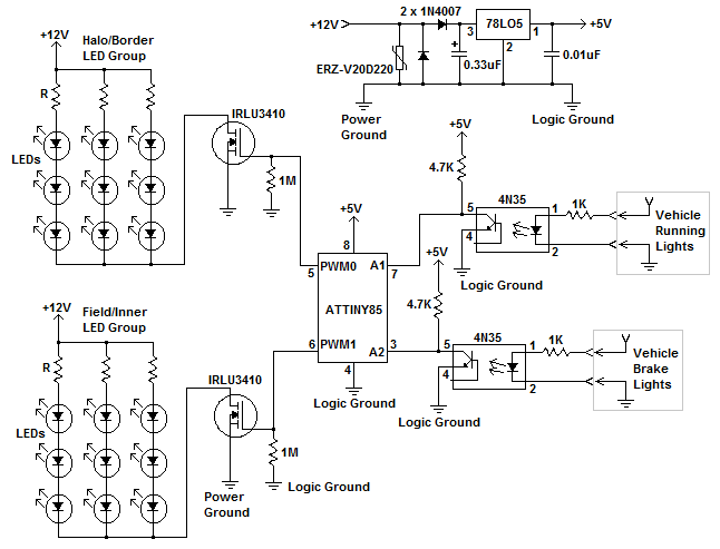 ATTINY85 PWM taillight controller schematic
