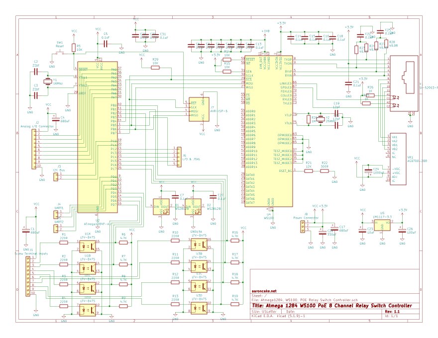 Image of schematic of the Atmega1284 W5100 opto-isolated MQTT controller board