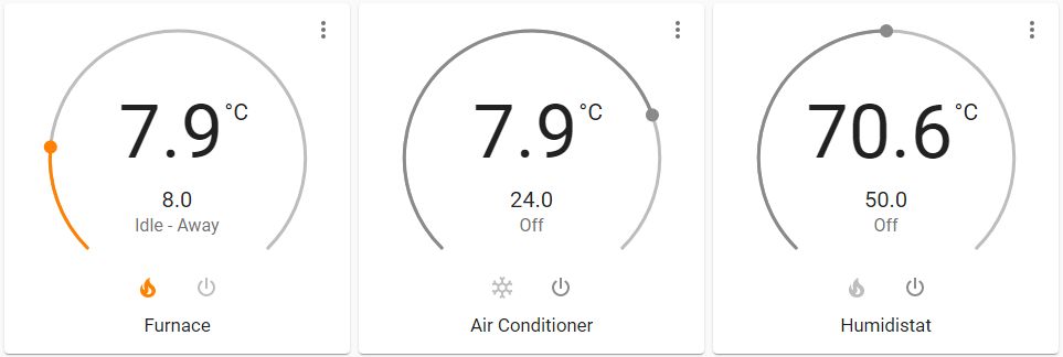 Image of three Home Assistant generic thermostats: furnace, A/C, and thermostat used as humidistat