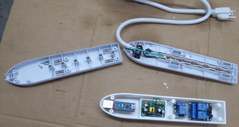 Image of Nano ENC28J60 power bar internals showing Nano, power supply, relay modules and power bar