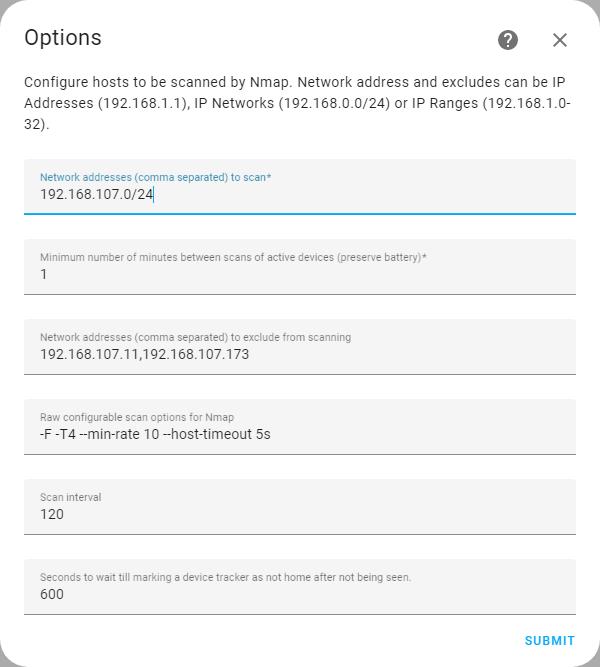 nmap integration settings: local subnet, 2 minute scan interval, 600 seconds wait to mark device not home